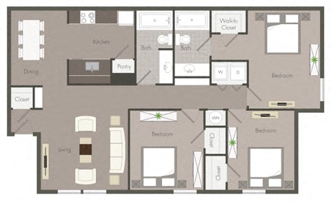 Floor plan for 3 beds, 2 baths, 1265 sqft
